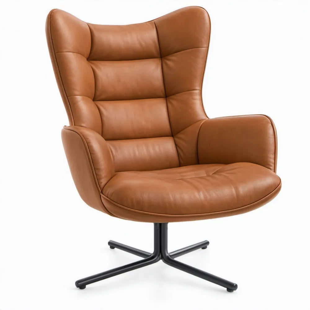 Draaibare loungestoel met hoge rugleuning, 76 x 82 x 108 cm, cognackleurig PU-leer en zwart stalen kruispoot