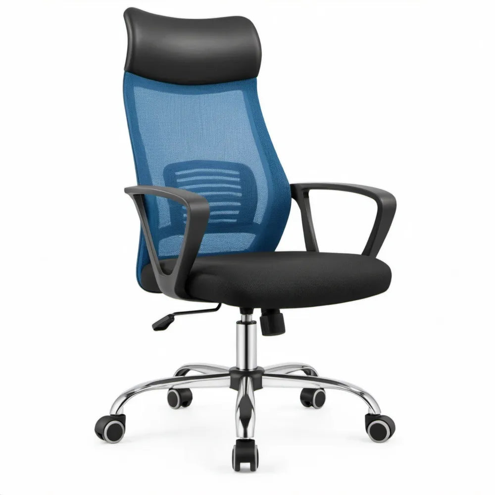 Ergonomische bureaustoel blauw/zwart met hoofdsteun en lendensteun, 64 x 64 x 116-126 cm