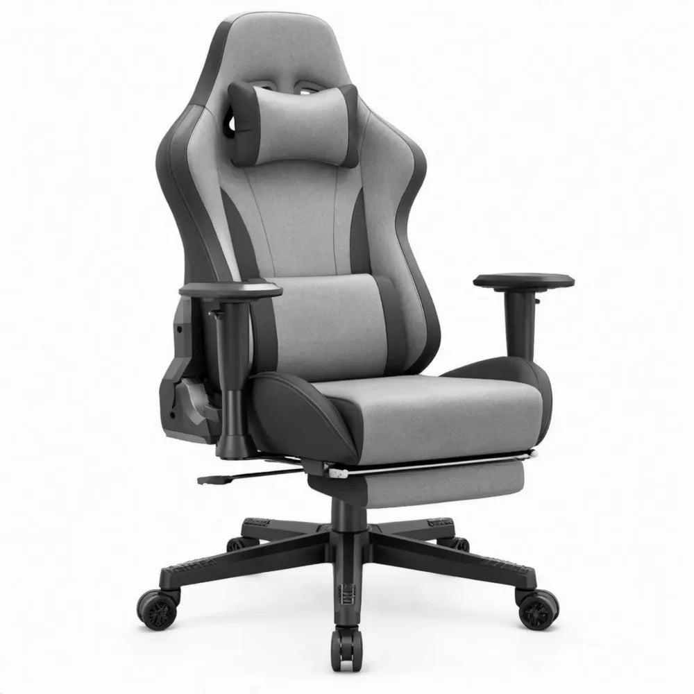 Verstelbare gamingstoel met hoge rugleuning, voetensteun en nekkussen – Grijs/Zwart – 70 x 70 x 128-138 cm
