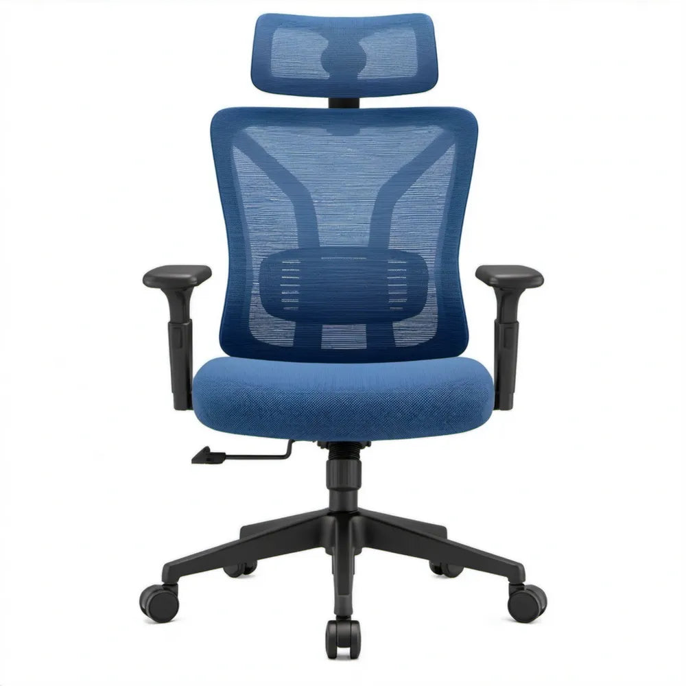 Ergonomische bureaustoel blauw/zwart met hoofdsteun en verstelbare armleuningen, 64 x 64 x 113-123 cm