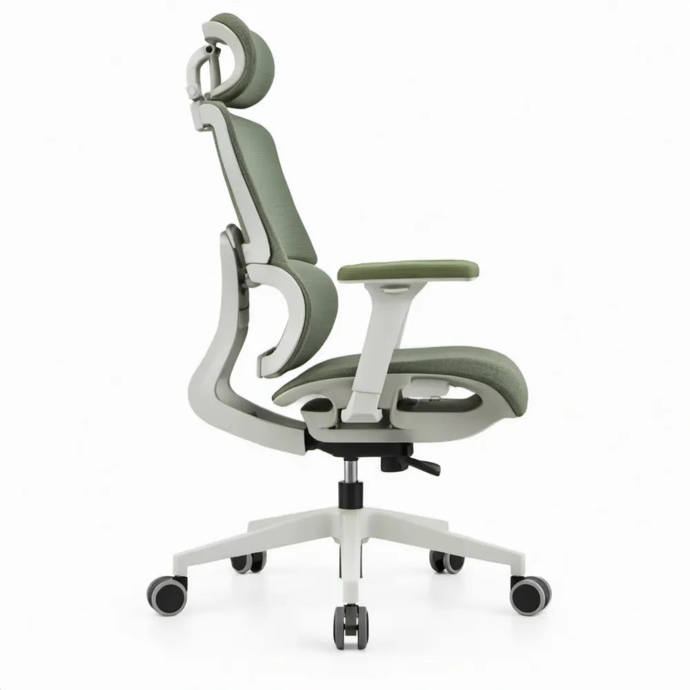 Ergonomische bureaustoel met verstelbare hoofdsteun en wielen, 66 x 66 x 118-128 cm, groen/lichtgrijs/zwart