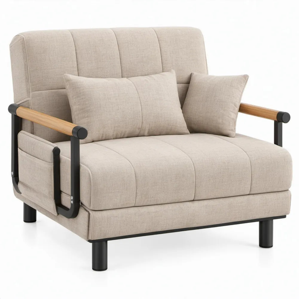 2-zits loungestoel van beige polyester met zwarte stalen poten en houten armleuningen, 137 x 85 x 90 cm