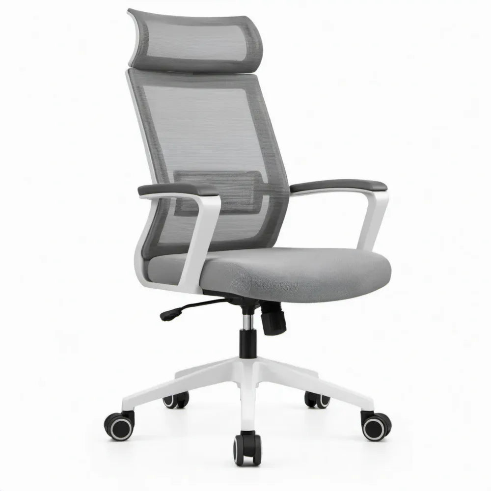 Ergonomische bureaustoel met verstelbare hoofdsteun, grijs/wit/zwart, 65 x 65 x 118-128 cm
