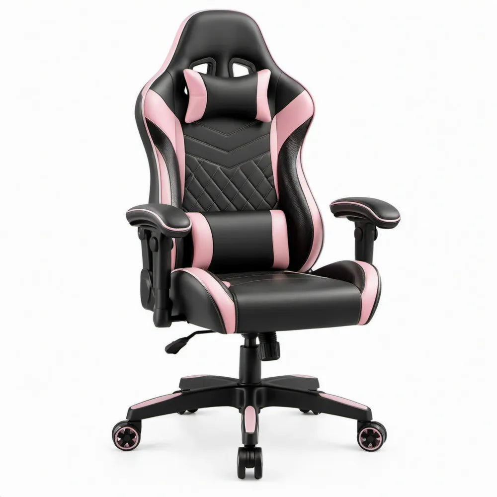 Verstelbare Gamingstoel Zwart/Roze van PU-kunstleer met Hoofdsteun en Lendenkussen, 68 x 68 x 122-132 cm