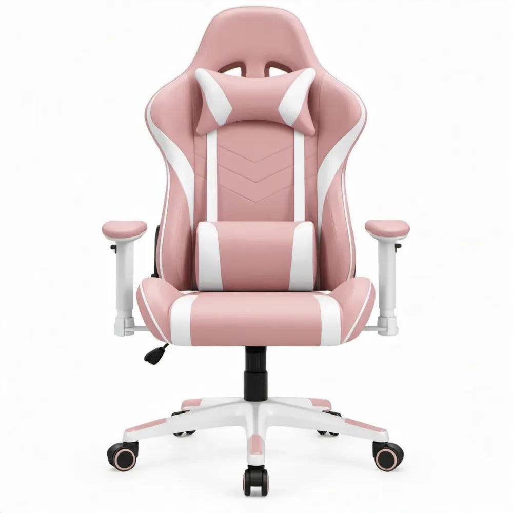 Verstelbare gamingstoel roze/wit van PU-kunstleer met hoofd- en lendenkussen, 68 x 68 x 123-133 cm