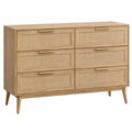 Ladekast met 6 lades van rubberhout en rotan, 120 x 40 x 80 cm, naturel met goudkleurige handgrepen