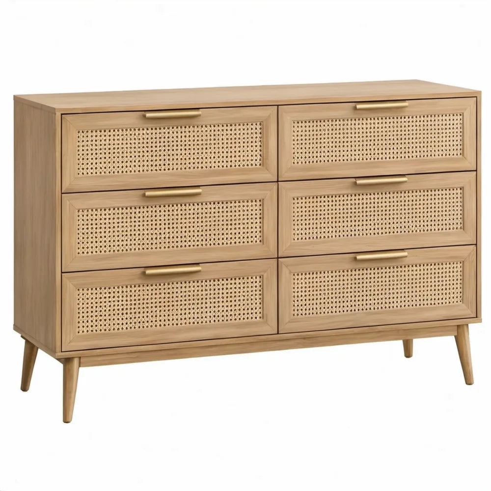 Ladekast met 6 lades van rubberhout en rotan, 120 x 40 x 80 cm, naturel met goudkleurige handgrepen