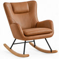 Cognackleurige schommelstoel met hoge rugleuning, PU-leer, staal en beukenhout, 68 x 92 x 100 cm