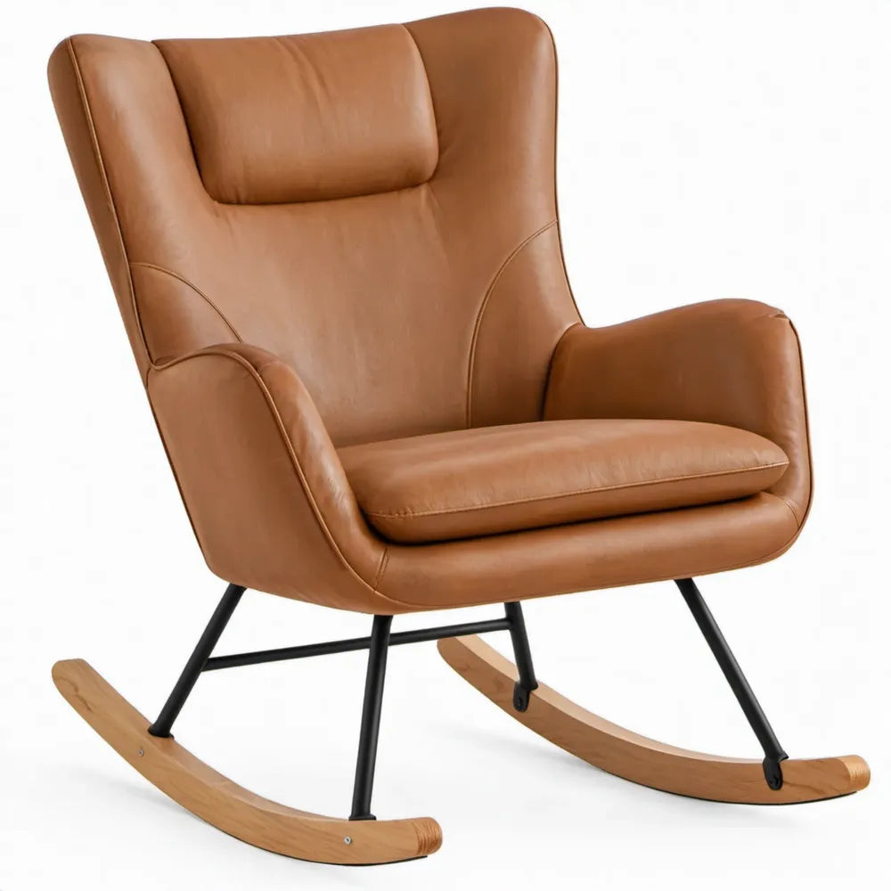 Cognackleurige schommelstoel met hoge rugleuning, PU-leer, staal en beukenhout, 68 x 92 x 100 cm