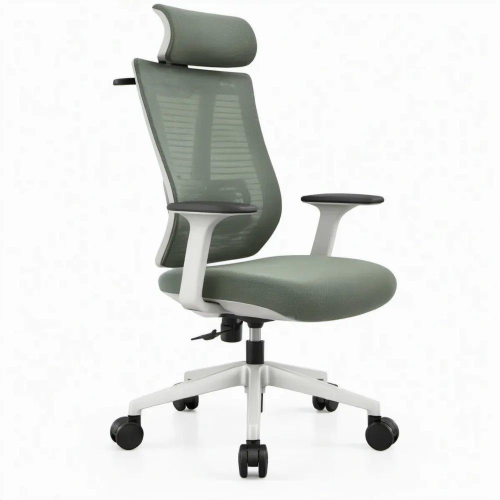 Ergonomische bureaustoel met verstelbare hoofdsteun en armleuningen, groen/wit/zwart, 66 x 66 x 118-128 cm