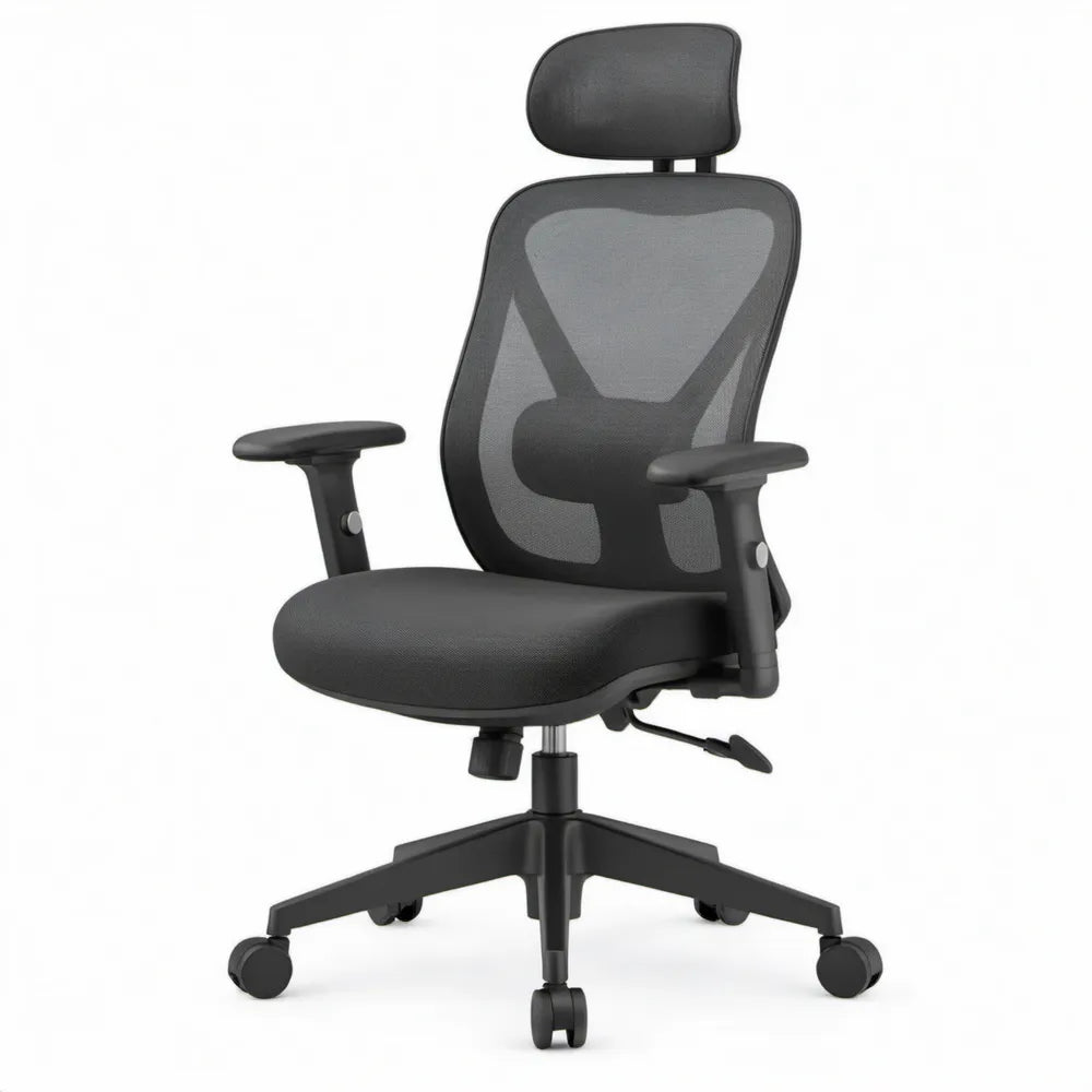 Ergonomische bureaustoel met hoofdsteun en wielen, zwart, 65 x 65 x 117-127 cm