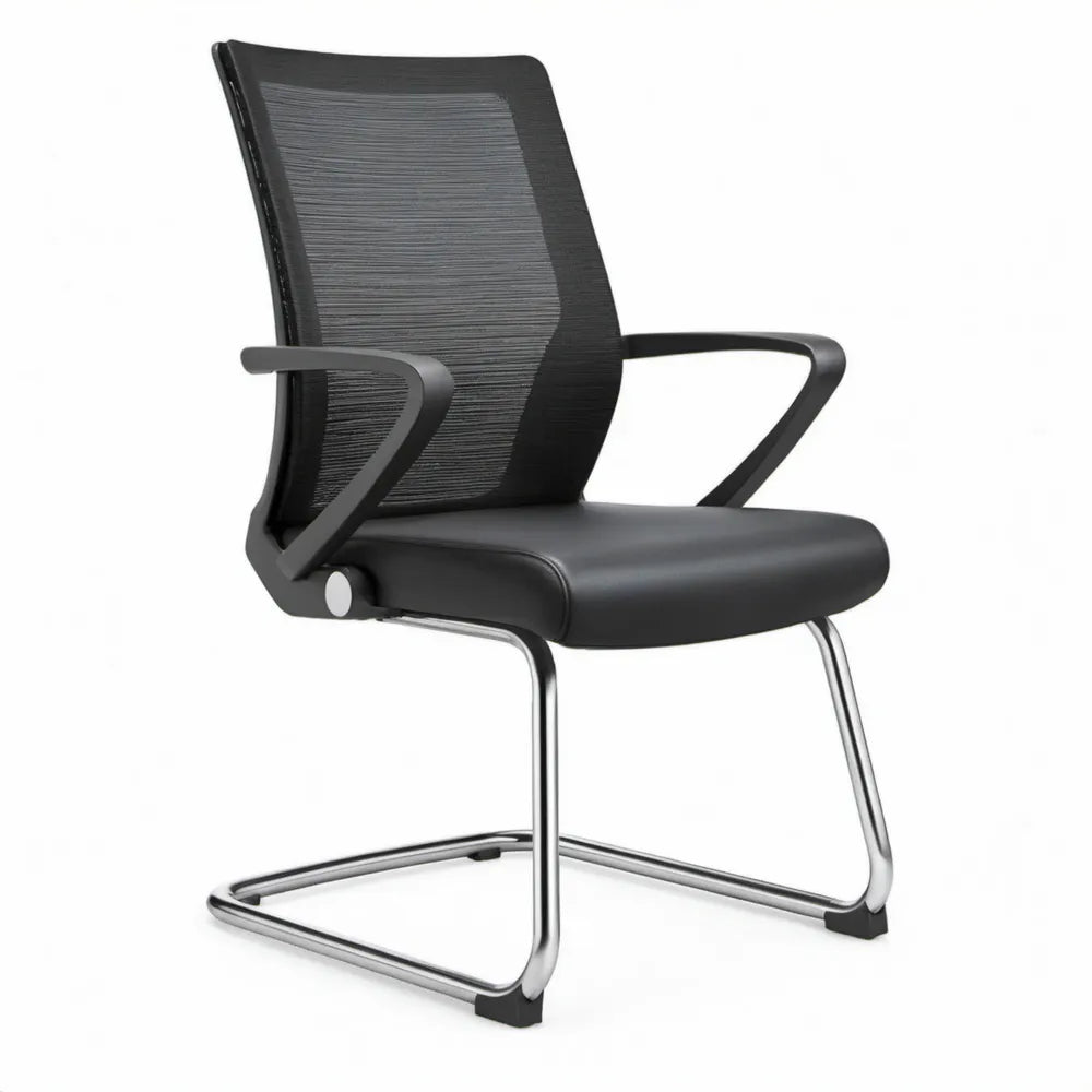 Zwarte vergaderstoel met sledeframe, PU-zitting en netrug – 58 x 60 x 98 cm
