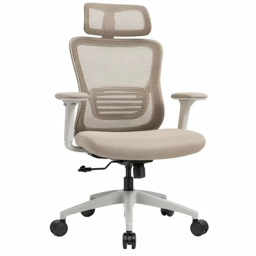 Ergonomische bureaustoel met hoofdsteun, beige/wit/zwart, 64 x 64 x 116-126 cm