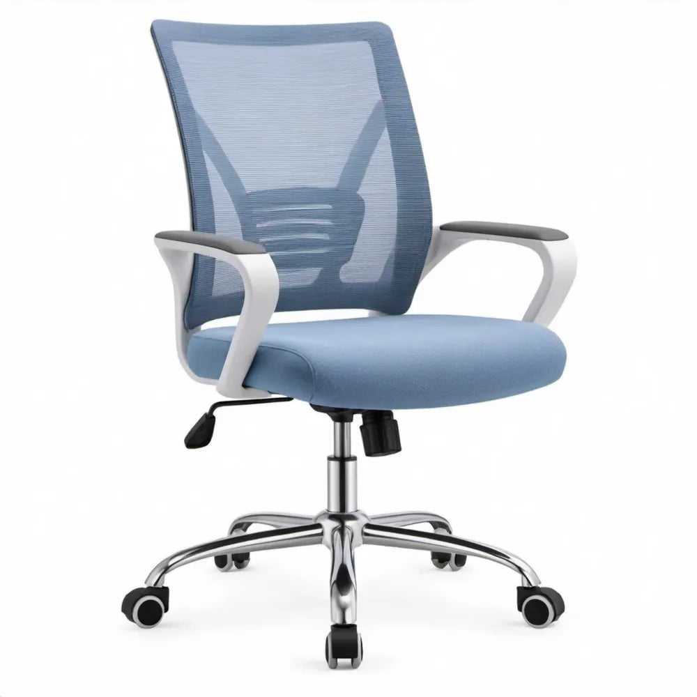 Ergonomische bureaustoel blauw/wit met armleuningen en wielen, 60 x 60 x 96-106 cm
