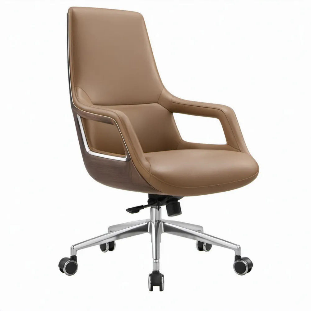 Bruine bureaustoel met hoge rugleuning, armleuningen en wielen, 65 x 65 x 112-122 cm