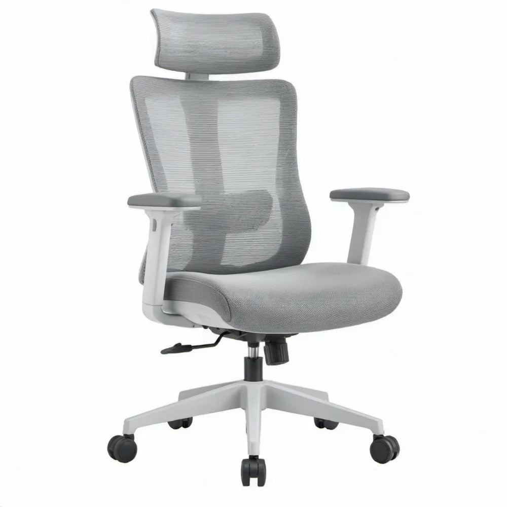 Ergonomische bureaustoel met hoofdsteun en lendensteun, grijs/wit/zwart, 64 x 64 x 116-126 cm