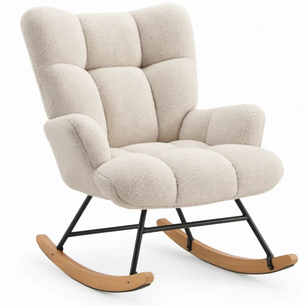 Crèmekleurige schommelstoel met hoge rugleuning, zwart stalen frame en beukenhouten glijders – 75 x 100 x 105 cm