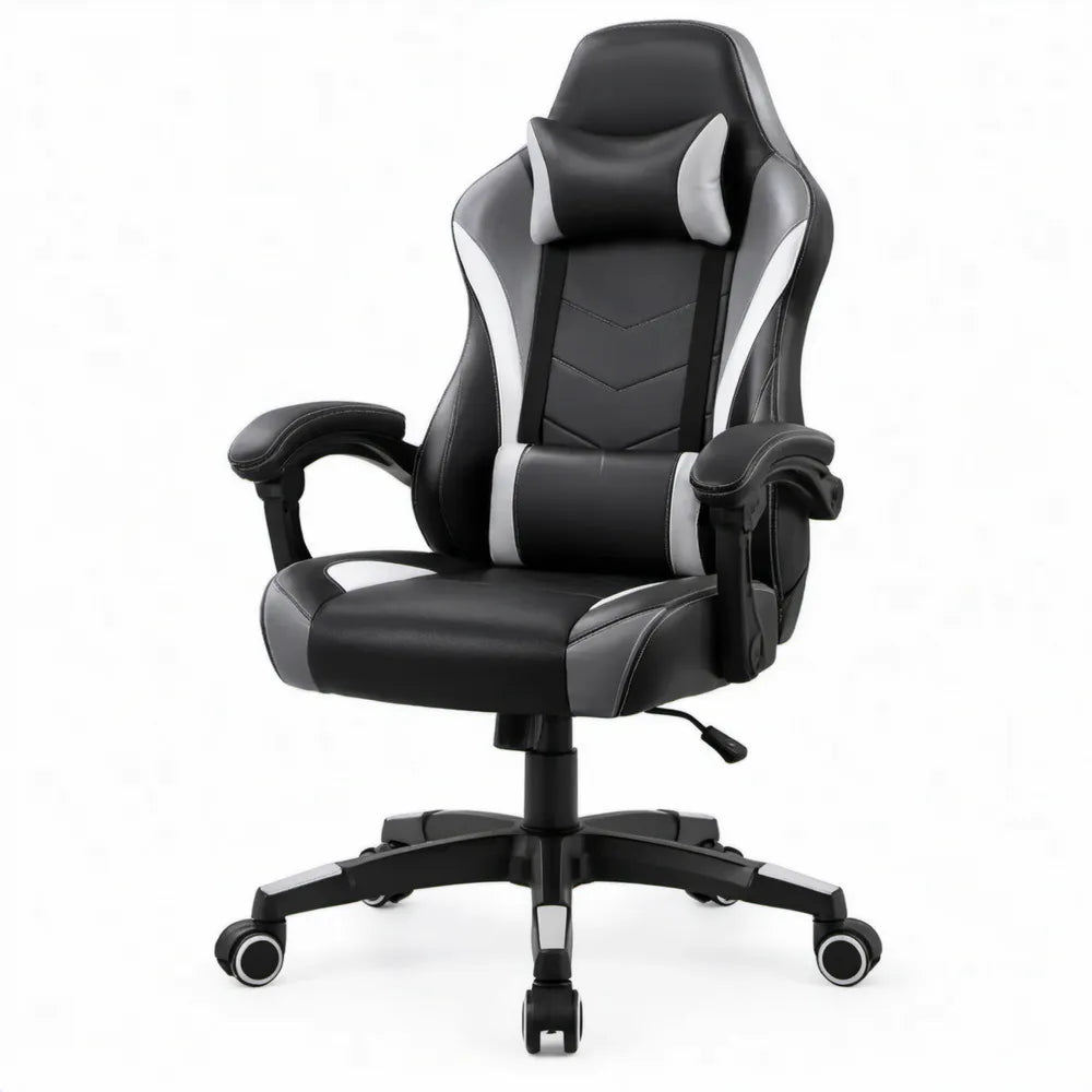 Ergonomische draaibare gamingstoel met hoofd- en lendenkussen, zwart/wit, 66 x 68 x 119-129 cm