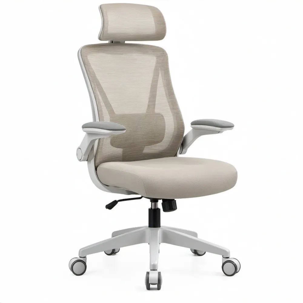 Ergonomische bureaustoel beige/wit/grijs met verstelbare hoofdsteun en armleuningen, 68 x 68 x 116-126 cm