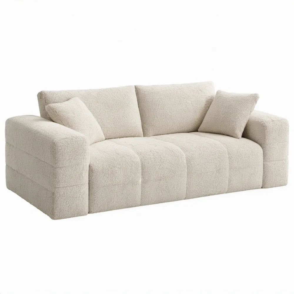 Crèmekleurige 3-zitsbank met bouclé polyester bekleding, 230 x 100 x 75 cm