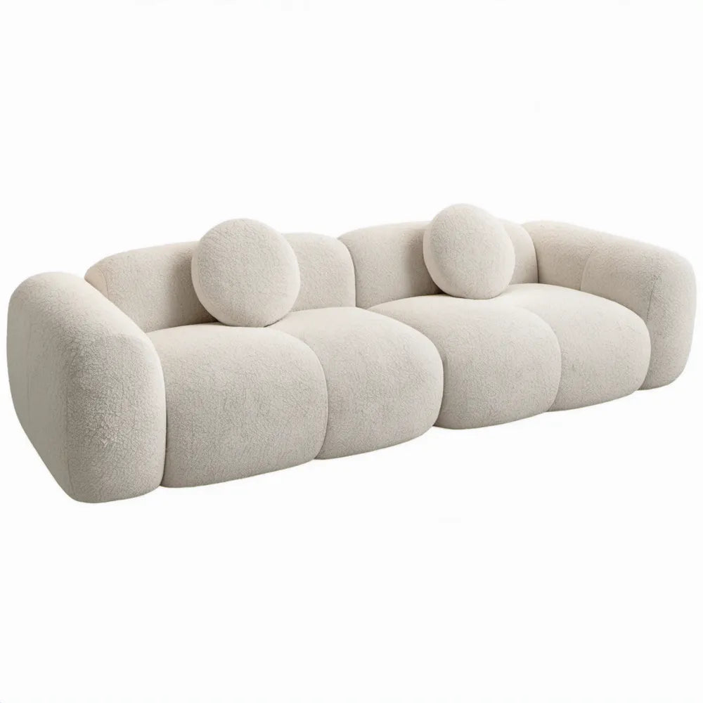 Ivoorkleurige 3-zitsbank in organische vorm, 300 x 105 x 72 cm, polyester bouclé