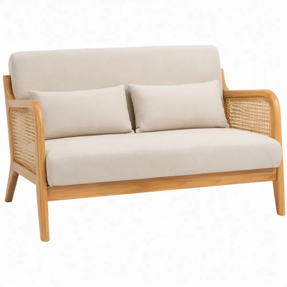 2-zitsbank 120 x 75 x 80 cm in crème met rubberhouten frame en rotanvlechtwerk