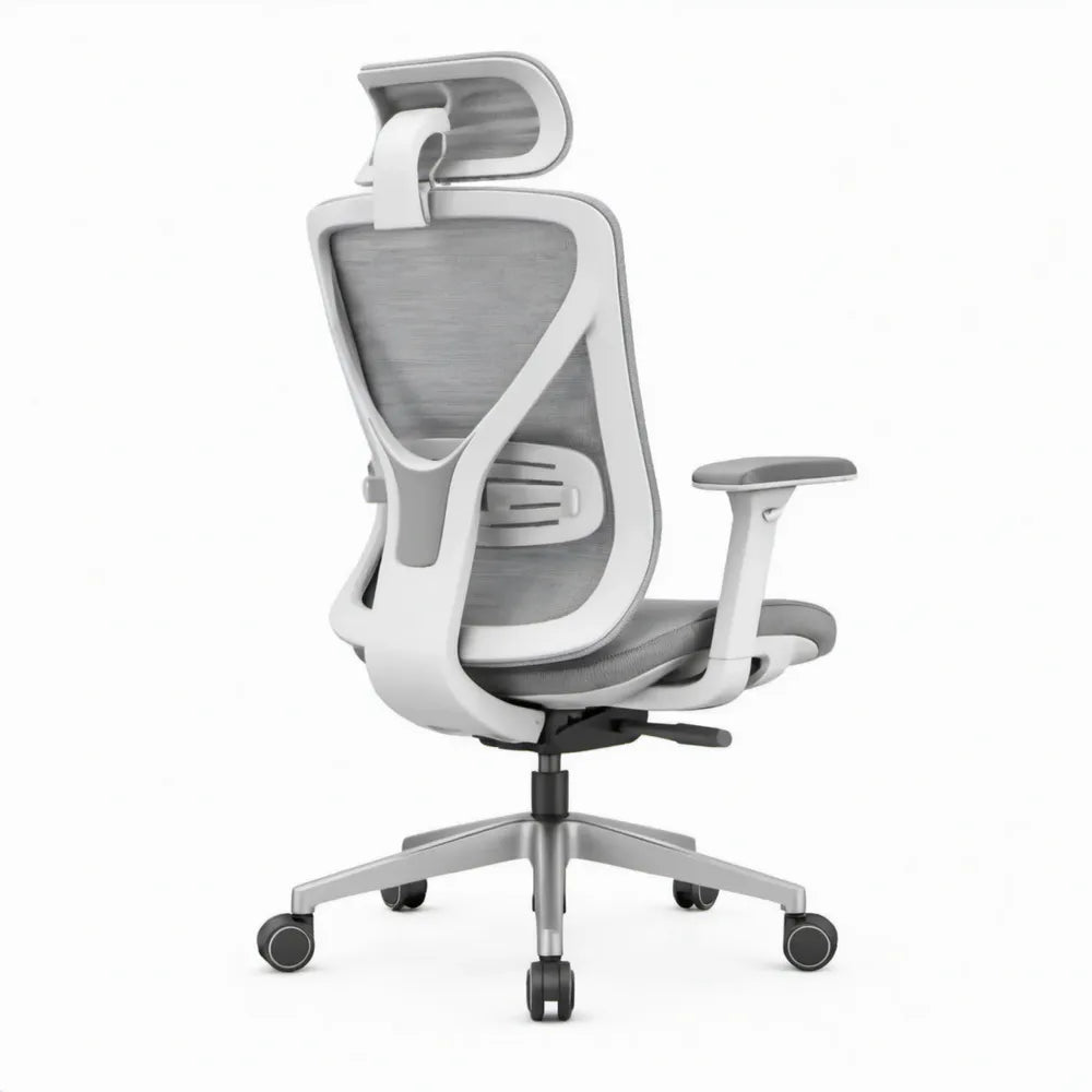 Ergonomische bureaustoel met verstelbare hoofdsteun en lendensteun, grijs/wit/zilver/zwart, 66 x 66 x 118-128 cm