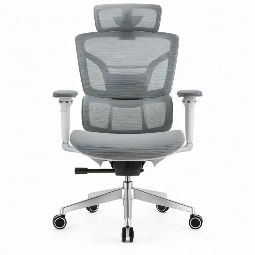 Ergonomische grijze bureaustoel met hoofdsteun en verstelbare armleuningen, 66 x 66 x 116-126 cm